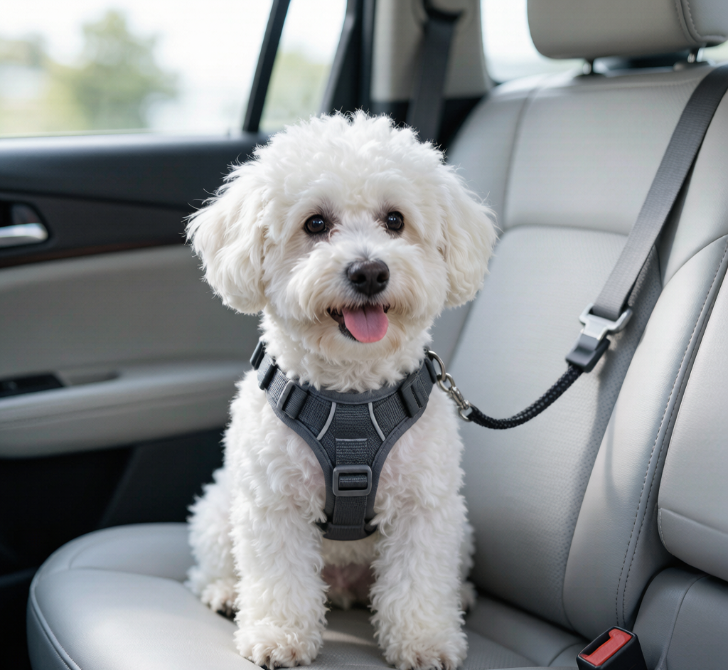 Bichon Frise wearing a safety harness clipped to a car seat belt tether in the back seat