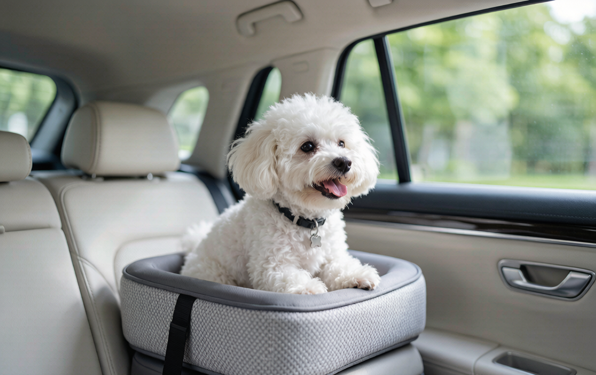 Bichon Frise sitting in a dog car booster seat, looking out the car window