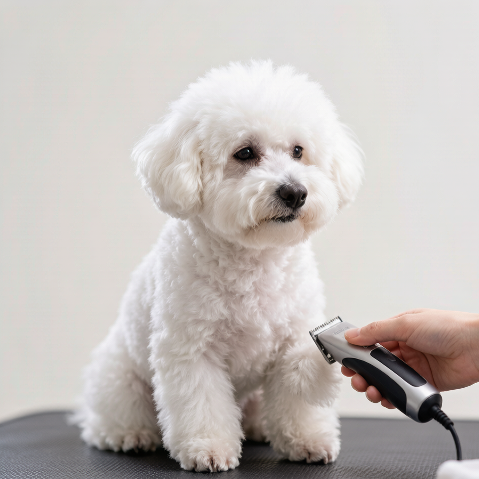 Bichon Frise clippers used on a calm white coat during a quiet home grooming session