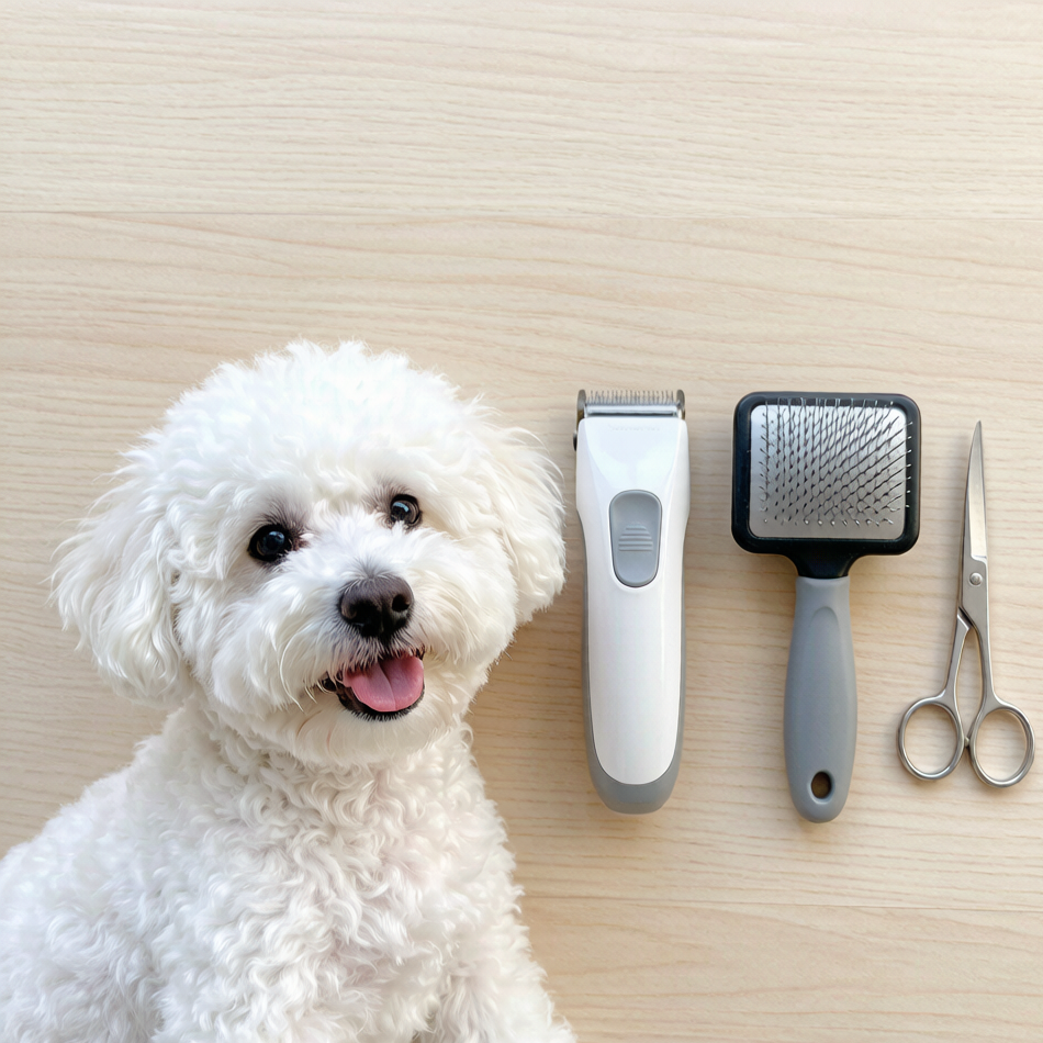 Grooming tools for Bichon Frise clippers, slicker brush, and round-tip scissors