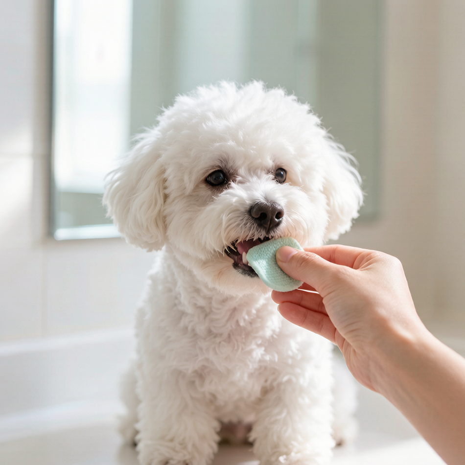 Bichon Frise dental care routine - gently wiping the gum line with a finger wipe