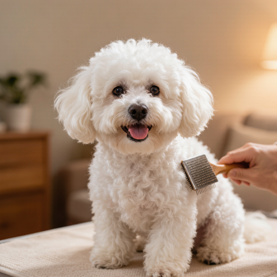 Brushing a happy white Bichon Frise with a slicker brush during a home grooming routine