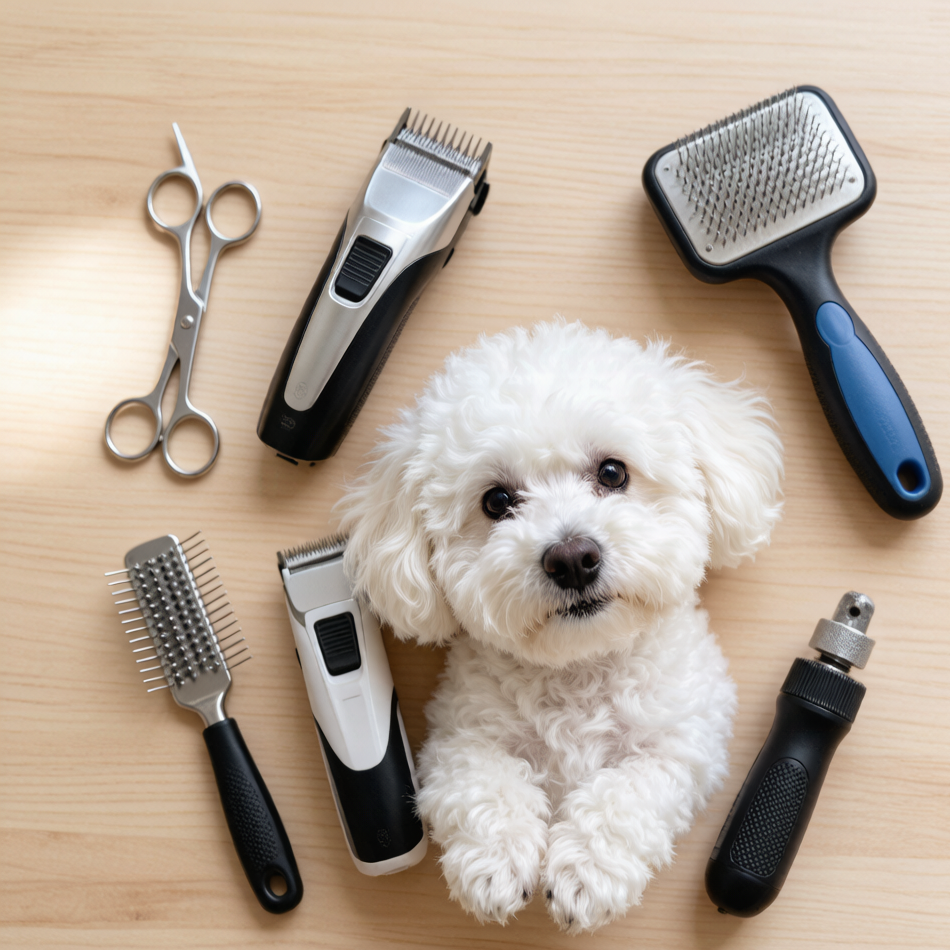 Flat-lay of a complete Bichon Frise grooming kit with clippers, slicker brush, round-tip scissors, metal comb, and nail grinder