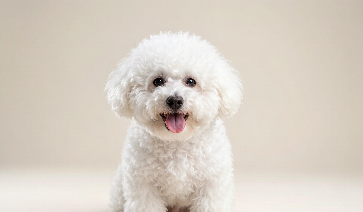 Happy white Bichon Frise with a full food bowl